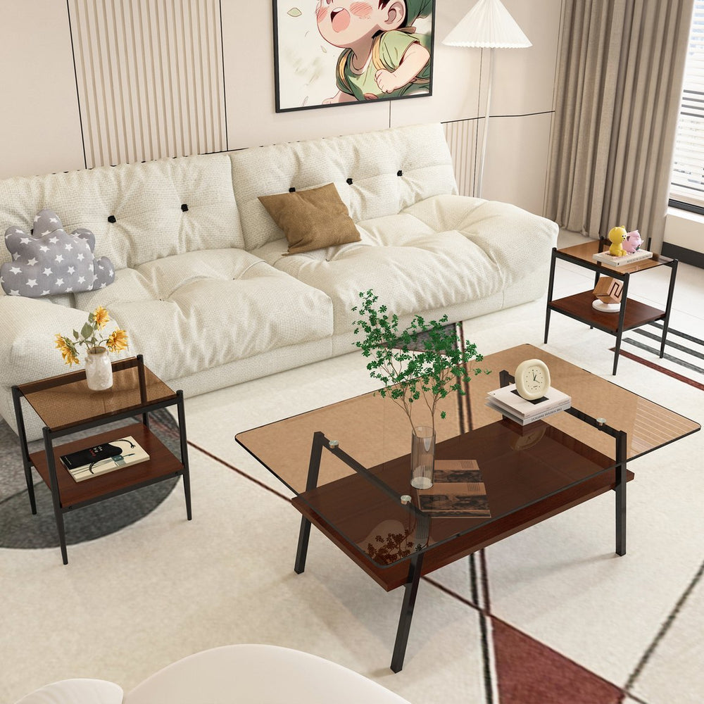 English Elm Coffee Table And End Tables Set Of 3 – Modern Brown Glass & Mdf Design For Chic Living Room Style W241S00043
