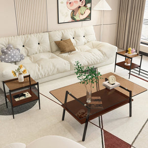 English Elm Coffee Table And End Tables Set Of 3 – Modern Brown Glass & Mdf Design For Chic Living Room Style W241S00043