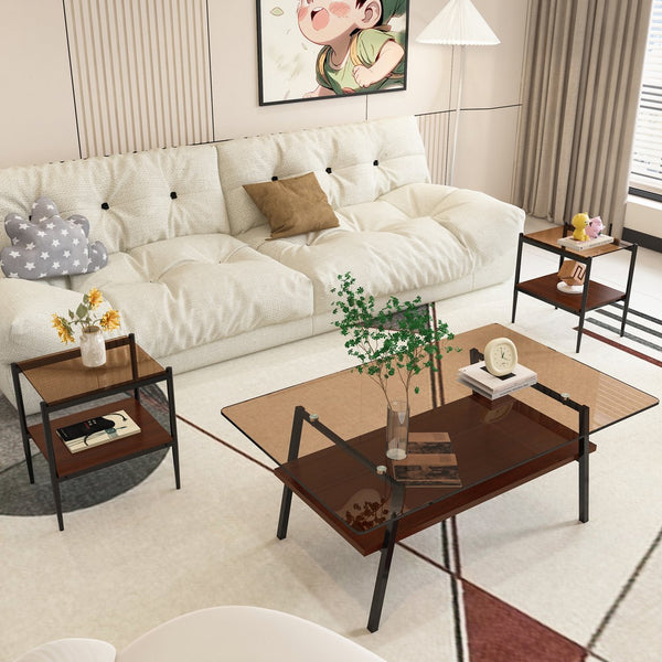 English Elm Coffee Table And End Tables Set Of 3 – Modern Brown Glass & Mdf Design For Chic Living Room Style W241S00043
