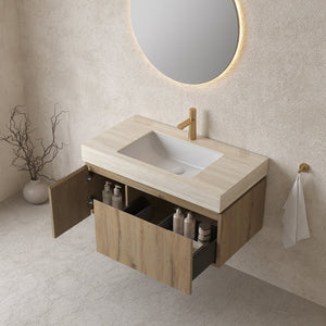 English Elm MURI Modern Wall-Mounted Vanity with Sintered Stone Top and Ceramic Basin, Plywood Cabinet, 39" Beige,White Oak W2615S00336