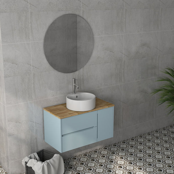 English Elm 36-Inch Modern Minimalist Wall-Mounted Bathroom Vanity With Blue Cabinet & Natural Wood Top Design W3151S00008