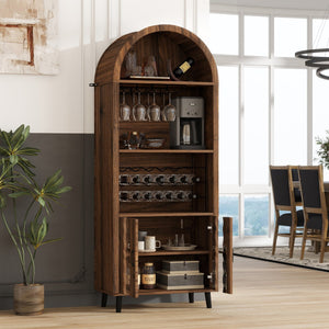 English Elm 71"Farmhouse Arched Wine Bar Cabinet with 15 Bottle Racks, 16 Glass Holders, Anti-Tip Safety for Living/Dining Brown Oak W2977P338256