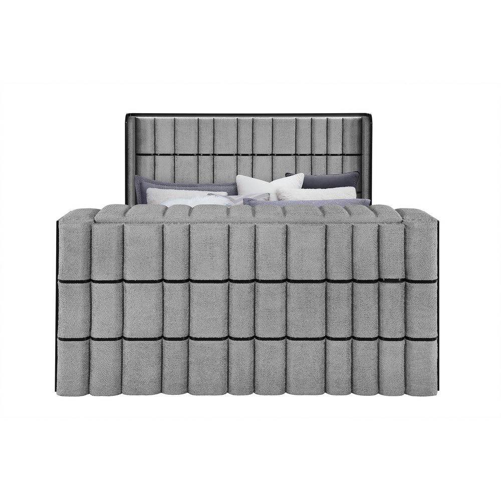 English Elm Isaiah Ultra Soft Grey Bed with 50" Motorized TV Lift, Built-In Audio and Footboard Media Hub Queen LED, Speakers, Fireplace B201S00406