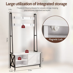 English Elm Hall Tree Entryway Organizer with Flip Shoe Cabinet Cushioned Bench and Industrial Wood Frame White+Black T5618P448214