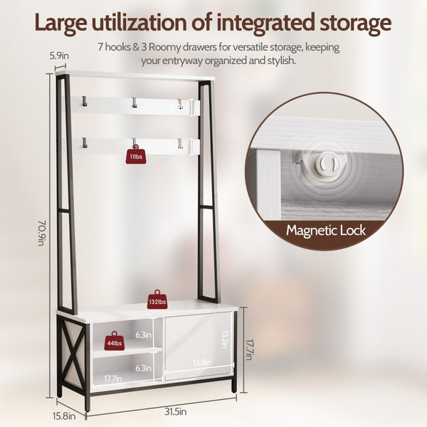 English Elm Hall Tree Entryway Organizer with Flip Shoe Cabinet Cushioned Bench and Industrial Wood Frame White+Black T5618P448214