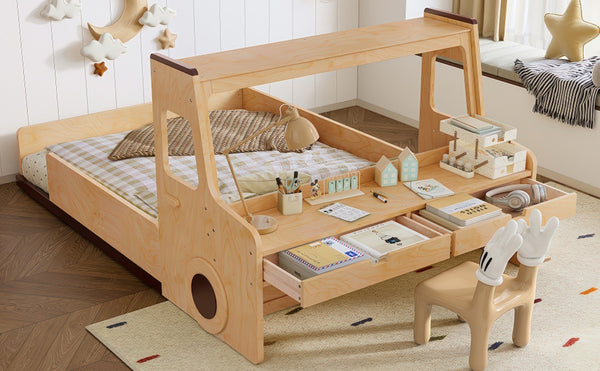 English Elm Full Size Car Shaped Kids Platform Bed with Storage Drawers Integrated Desk Pine Wood Natural W1580S00489