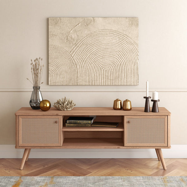 New Pacific Direct Thelma 59.5" Rattan Tv Stand - Modern Nordic Design With Adjustable Shelf & Natural Oak Finish Natural Oak  1340015-npd