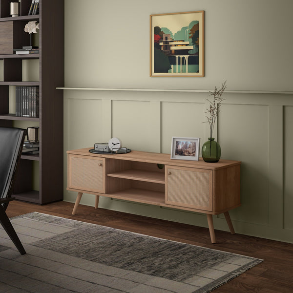 New Pacific Direct Thelma 59.5" Rattan Tv Stand - Modern Nordic Design With Adjustable Shelf & Natural Oak Finish Natural Oak  1340015-npd