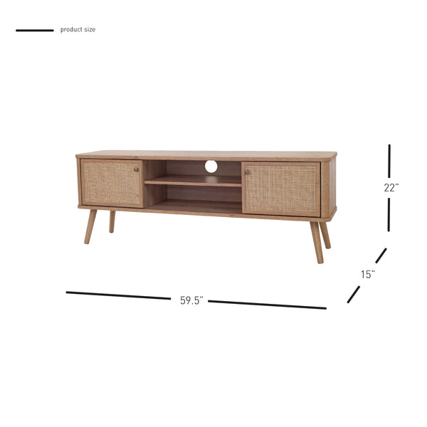 New Pacific Direct Thelma 59.5" Rattan Tv Stand - Modern Nordic Design With Adjustable Shelf & Natural Oak Finish Natural Oak  1340015-npd