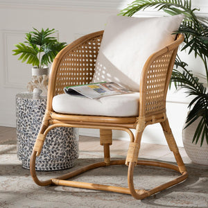 Baxton Studio bali Niko Bohemian Light Honey Rattan Arm Chair - Handcrafted Comfort with Curved Backrest & Cushions DCWH10010-Light Honey Rattan-Niko Chair
