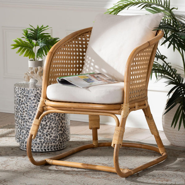 Baxton Studio bali Niko Bohemian Light Honey Rattan Arm Chair - Handcrafted Comfort with Curved Backrest & Cushions DCWH10010-Light Honey Rattan-Niko Chair