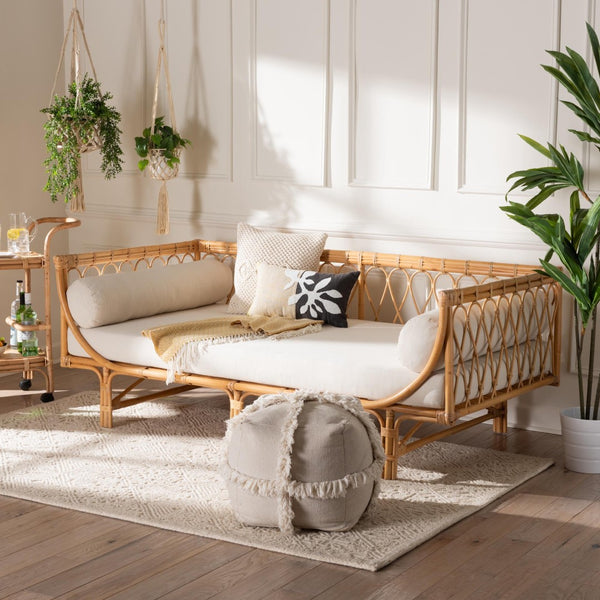 Baxton Studio bali Davida Handcrafted Modern Bohemian Rattan Daybed with Plush Cushion & Pillows for Relaxation DCWH10012-Light Honey Rattan-Aliki Daybed