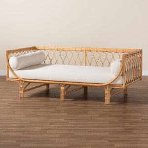 Baxton Studio bali Davida Handcrafted Modern Bohemian Rattan Daybed with Plush Cushion & Pillows for Relaxation DCWH10012-Light Honey Rattan-Aliki Daybed