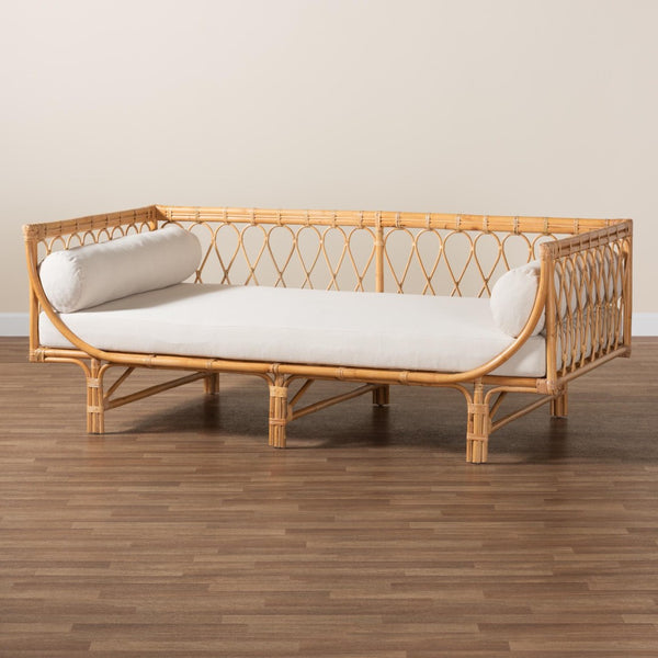 Baxton Studio bali Davida Handcrafted Modern Bohemian Rattan Daybed with Plush Cushion & Pillows for Relaxation DCWH10012-Light Honey Rattan-Aliki Daybed
