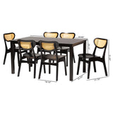 Baxton Studio Jeriah Mid-Century Modern Dark Brown Finished Wood and Woven Rattan 7-Piece Dining Set