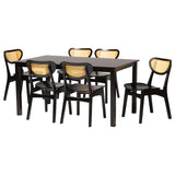 Jeriah Mid-Century Modern Finished Wood and Woven Rattan 7-Piece Dining Set