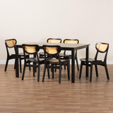 Baxton Studio Jeriah Mid-Century Modern Dark Brown Finished Wood and Woven Rattan 7-Piece Dining Set