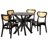 Baxton Studio Giuliana Mid-Century Modern Dark Brown Finished Wood and Woven Rattan 5-Piece Dining Set