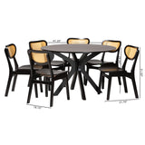 Baxton Studio Giuliana Mid-Century Modern Dark Brown Finished Wood and Woven Rattan 7-Piece Dining Set