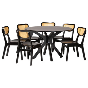 Baxton Studio Giuliana Mid-Century Modern Dark Brown Finished Wood and Woven Rattan 7-Piece Dining Set