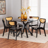 Baxton Studio Giuliana Mid-Century Modern Dark Brown Finished Wood and Woven Rattan 7-Piece Dining Set