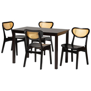 Baxton Studio Jeriah Mid-Century Modern Dark Brown Brown Finished Wood and Woven Rattan 5-Piece Dining Set