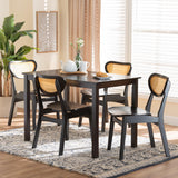 Baxton Studio Jeriah Mid-Century Modern Dark Brown Brown Finished Wood and Woven Rattan 5-Piece Dining Set