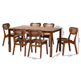 Baxton Studio Jeriah Mid-Century Modern Walnut Brown Finished Wood and Woven Rattan 7-Piece Dining Set