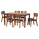 Baxton Studio Jeriah Mid-Century Modern Walnut Brown Finished Wood and Woven Rattan 7-Piece Dining Set