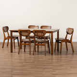 Baxton Studio Jeriah Mid-Century Modern Walnut Brown Finished Wood and Woven Rattan 7-Piece Dining Set