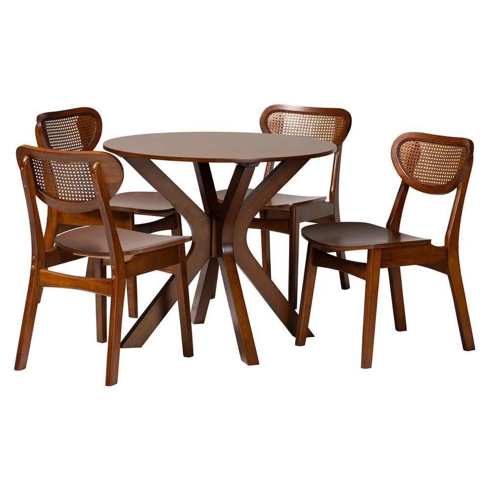 Baxton Studio Baxton Giuliana Mid-Century Modern 5-Piece Dining Set with Walnut Brown Finish & Rattan Accents RH253C-Walnut Rattan-Round-5PC Dining Set