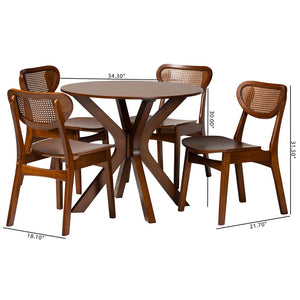 Baxton Studio Baxton Giuliana Mid-Century Modern 5-Piece Dining Set with Walnut Brown Finish & Rattan Accents RH253C-Walnut Rattan-Round-5PC Dining Set