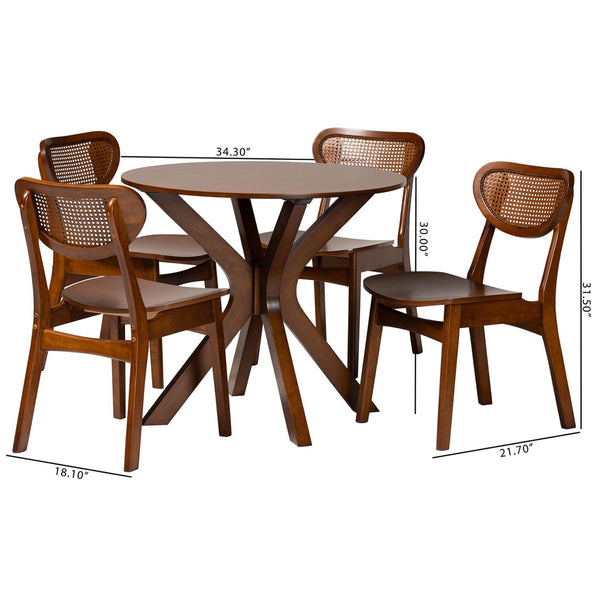 Baxton Studio Baxton Giuliana Mid-Century Modern 5-Piece Dining Set with Walnut Brown Finish & Rattan Accents RH253C-Walnut Rattan-Round-5PC Dining Set