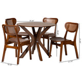 Baxton Studio Giuliana Mid-Century Modern Walnut Brown Finished Wood and Woven Rattan 5-Piece Dining Set