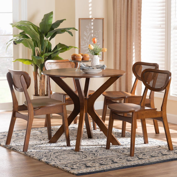 Baxton Studio Baxton Giuliana Mid-Century Modern 5-Piece Dining Set with Walnut Brown Finish & Rattan Accents RH253C-Walnut Rattan-Round-5PC Dining Set