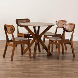 Baxton Studio Baxton Giuliana Mid-Century Modern 5-Piece Dining Set with Walnut Brown Finish & Rattan Accents RH253C-Walnut Rattan-Round-5PC Dining Set