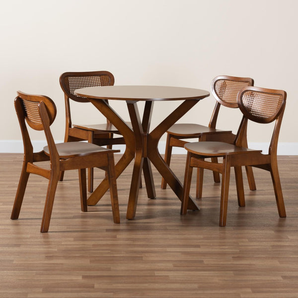 Baxton Studio Baxton Giuliana Mid-Century Modern 5-Piece Dining Set with Walnut Brown Finish & Rattan Accents RH253C-Walnut Rattan-Round-5PC Dining Set