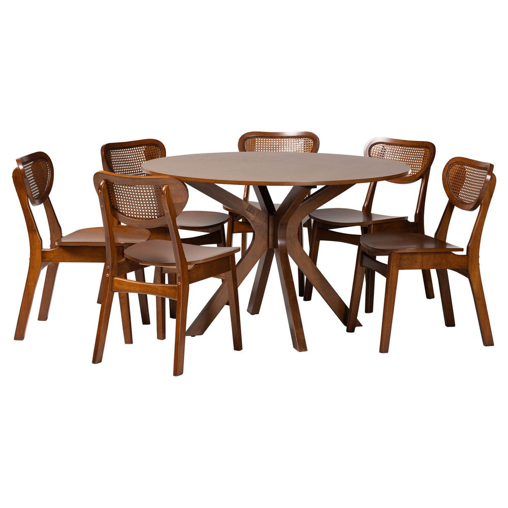 Baxton Studio Baxton Studio Giuliana 7-Piece Mid-Century Dining Set with Walnut Finish & Woven Rattan Chairs RH253C-Walnut Rattan-Round-7PC Dining Set