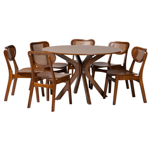 Baxton Studio Baxton Studio Giuliana 7-Piece Mid-Century Dining Set with Walnut Finish & Woven Rattan Chairs RH253C-Walnut Rattan-Round-7PC Dining Set