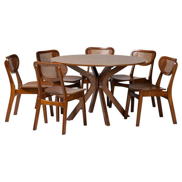 Baxton Studio Baxton Studio Giuliana 7-Piece Mid-Century Dining Set with Walnut Finish & Woven Rattan Chairs RH253C-Walnut Rattan-Round-7PC Dining Set