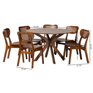 Baxton Studio Baxton Studio Giuliana 7-Piece Mid-Century Dining Set with Walnut Finish & Woven Rattan Chairs RH253C-Walnut Rattan-Round-7PC Dining Set