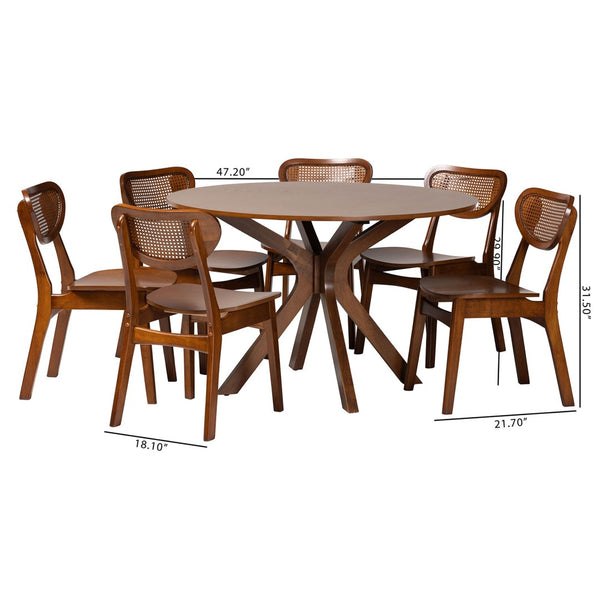 Baxton Studio Baxton Studio Giuliana 7-Piece Mid-Century Dining Set with Walnut Finish & Woven Rattan Chairs RH253C-Walnut Rattan-Round-7PC Dining Set