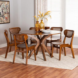 Baxton Studio Baxton Studio Giuliana 7-Piece Mid-Century Dining Set with Walnut Finish & Woven Rattan Chairs RH253C-Walnut Rattan-Round-7PC Dining Set