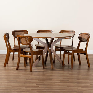 Baxton Studio Baxton Studio Giuliana 7-Piece Mid-Century Dining Set with Walnut Finish & Woven Rattan Chairs RH253C-Walnut Rattan-Round-7PC Dining Set