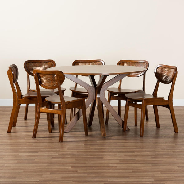 Baxton Studio Baxton Studio Giuliana 7-Piece Mid-Century Dining Set with Walnut Finish & Woven Rattan Chairs RH253C-Walnut Rattan-Round-7PC Dining Set
