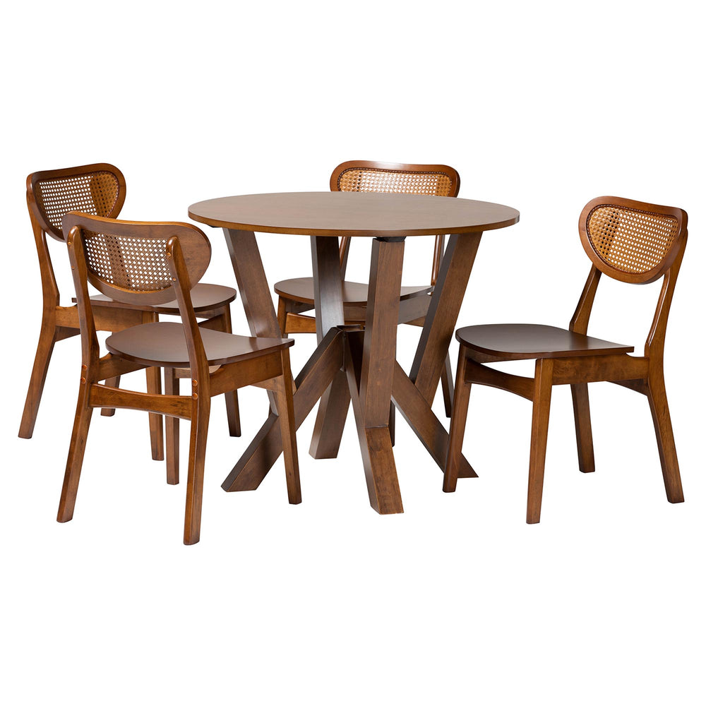 Baxton Studio Baxton Crystal 5-Piece Dining Set With Sculptural Round Table & Woven Rattan Chairs, Mid-Century Modern Crystal-Walnut Rattan-Round-5PC Dining Set