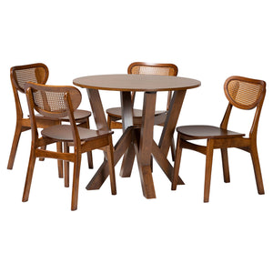 Baxton Studio Baxton Crystal 5-Piece Dining Set With Sculptural Round Table & Woven Rattan Chairs, Mid-Century Modern Crystal-Walnut Rattan-Round-5PC Dining Set