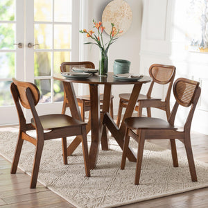 Baxton Studio Baxton Crystal 5-Piece Dining Set With Sculptural Round Table & Woven Rattan Chairs, Mid-Century Modern Crystal-Walnut Rattan-Round-5PC Dining Set