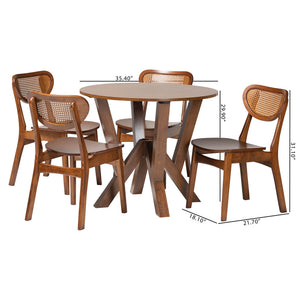 Baxton Studio Baxton Crystal 5-Piece Dining Set With Sculptural Round Table & Woven Rattan Chairs, Mid-Century Modern Crystal-Walnut Rattan-Round-5PC Dining Set