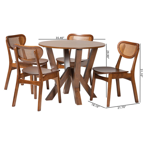 Baxton Studio Baxton Crystal 5-Piece Dining Set With Sculptural Round Table & Woven Rattan Chairs, Mid-Century Modern Crystal-Walnut Rattan-Round-5PC Dining Set